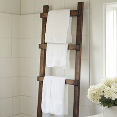 rustic wooden ladder towel rack displays neatly folded white towels in bright bathroom. fresh flowers add touch of elegance to serene atmosphere