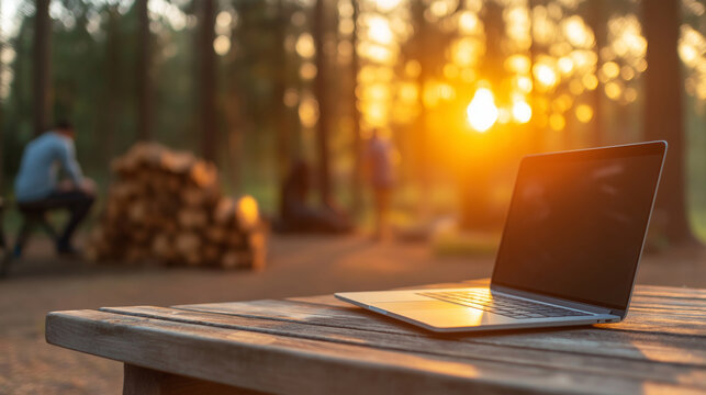 Laptop resting on rustic wooden picnic table, forest sunset backdrop with silhouetted campers collecting firewood near crackling campsite - Powered by Adobe
