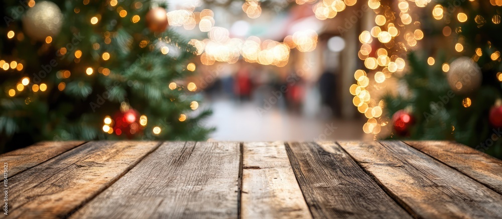 Poster rustic wooden table surface with soft bokeh lights in the background ideal for seasonal decor or pro