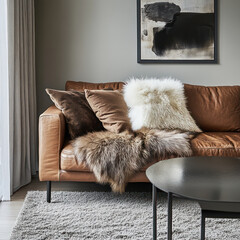 cozy brown leather sofa adorned with fur throws and decorative pillows, set against neutral wall and stylish coffee table, creates warm and inviting living space