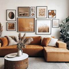 cozy living room featuring brown couch adorned with decorative pillows, surrounded by gallery wall of framed art. space is enhanced by indoor plants and stylish coffee table