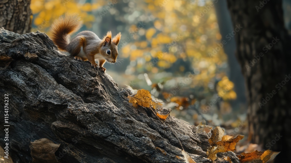 Aufkleber cute red squirrel exploring textured tree trunk in serene autumn forest with golden leaves and soft 