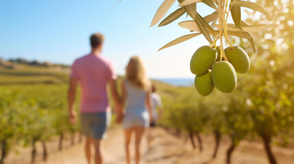 Green olives hanging from branches while tourists stroll through a vineyard, enjoying a sunny summer day in a picturesque rural landscape