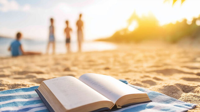 Open book resting on beach towel with family playing by the shore in background, representing summer relaxation and leisure