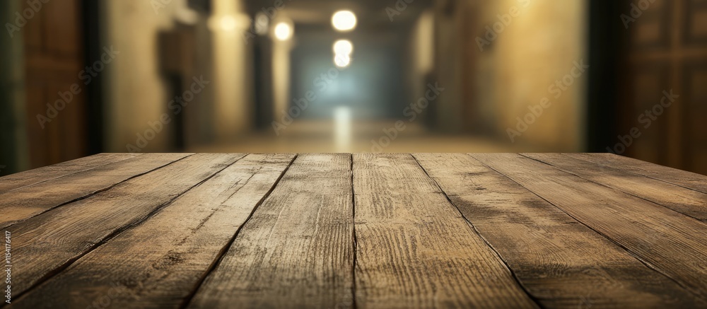 Poster rustic wooden table top with blurred corridor background perfect for product display or marketing vi