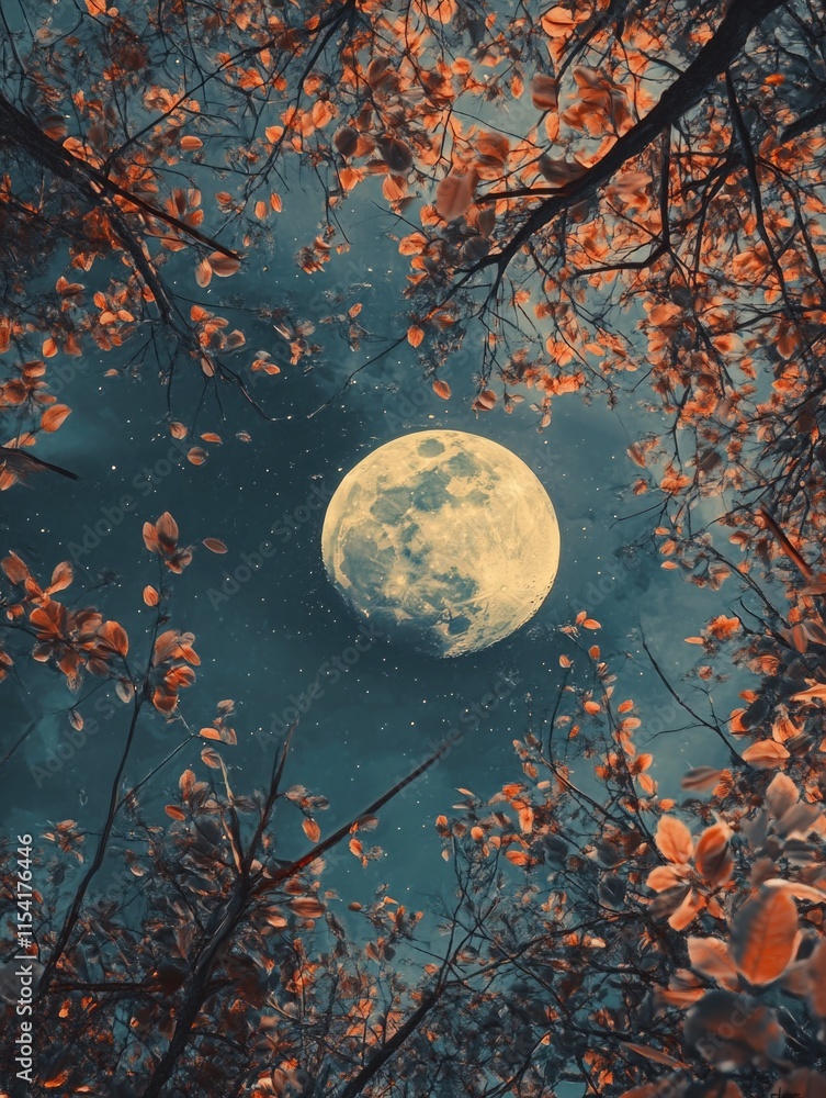 Wall mural full moon through tree branches