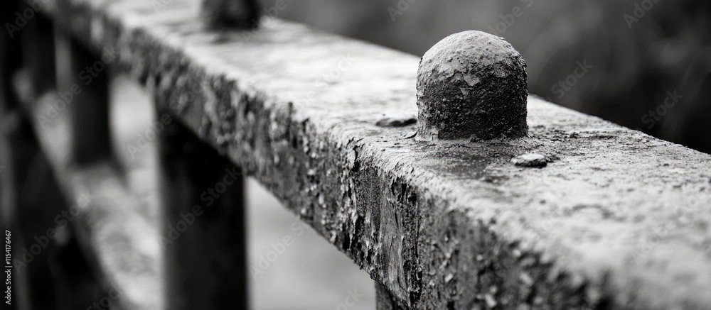 Poster weathered iron rods on an aging bridge showcasing rust and decay in a monochrome setting highlightin