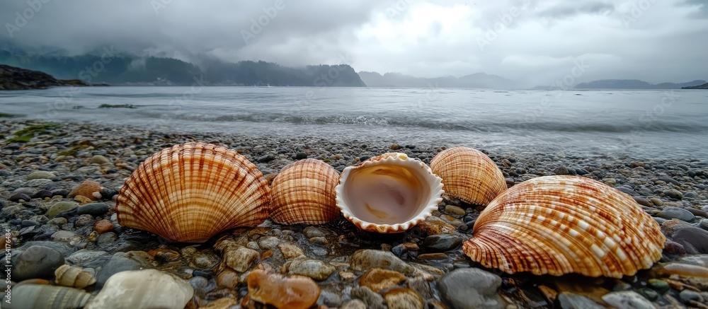 Poster seashells scattered on a rocky beach with a cloudy sky creating a serene coastal atmosphere during a