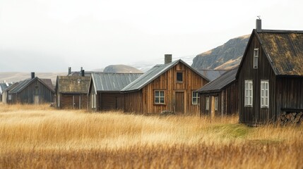 Obraz premium Row of rustic wooden houses in a golden grass landscape with a single house in the background against a serene nature backdrop