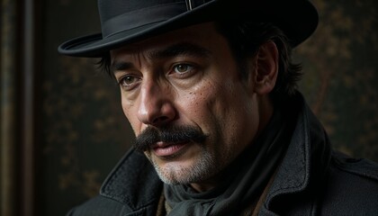 Obraz premium Mysterious Gentleman in Vintage Attire with Pensive Expression Against Dark Background