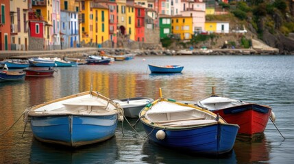 Fototapeta premium Charming harbor scene with small boats anchored near vibrant buildings reflecting in calm waters