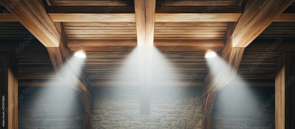 Poster rustic wooden ceiling beams illuminated by soft spotlights creating a warm atmosphere perfect for in