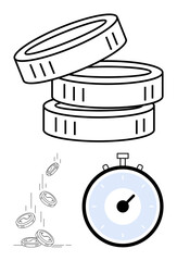 Stacked coins falling coins and a stopwatch representing financial savings, time management, productivity, investment, planning, goal-setting, and deadlines. Ideal for business, finance