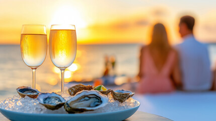 Fresh oysters on ice and two glasses of chilled white wine create a romantic dinner atmosphere during a beautiful sunset on the beach