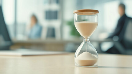 Hourglass is measuring time on a desk in a busy office, symbolizing time management, deadlines, and the fast-paced nature of modern business