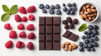 Fototapeta premium Dark chocolate bar with fresh berries and almonds