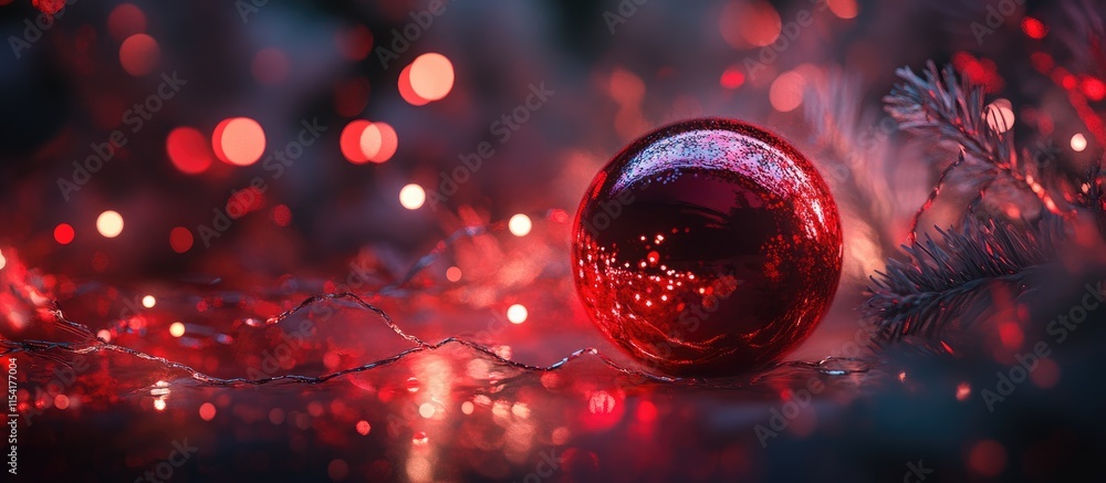 Poster red christmas ornament with bokeh lights and artificial tree creating a festive holiday atmosphere f