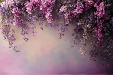 Obraz premium Fondo de maternidad, fondo de boda, fondo de fotografía con un aro de flores con hermosas flores en una pared vintage.