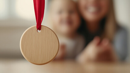 Round wooden medal hanging on a red ribbon, with a blurred family laughing in the background