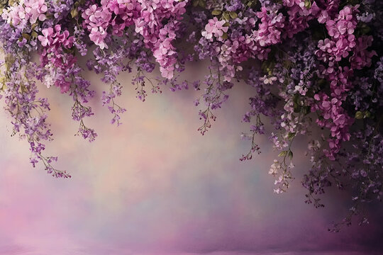 Fondo de maternidad, fondo de boda, fondo de fotografía con un aro de flores con hermosas flores en una pared vintage.