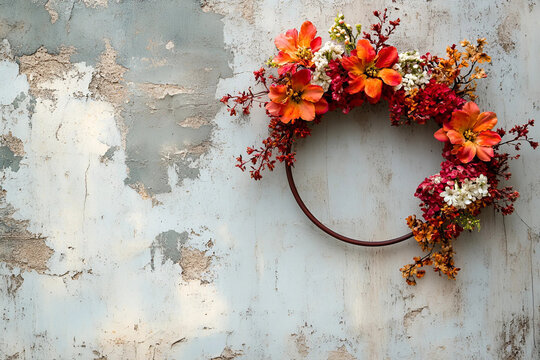 Fondo de maternidad, fondo de boda, fondo de fotograf&iacute;a con un aro de flores con hermosas flores en una pared vintage.