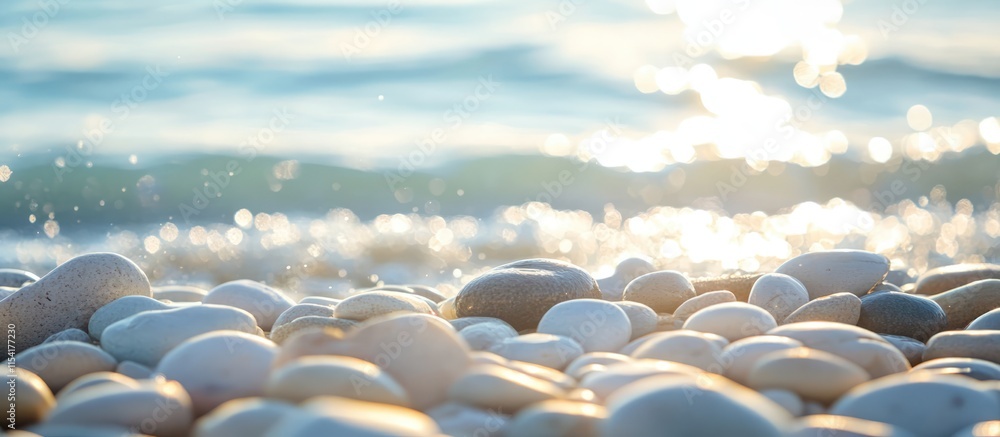Poster sea rocks on the shore with soft waves and shimmering ocean backdrop creating a tranquil seaside atm