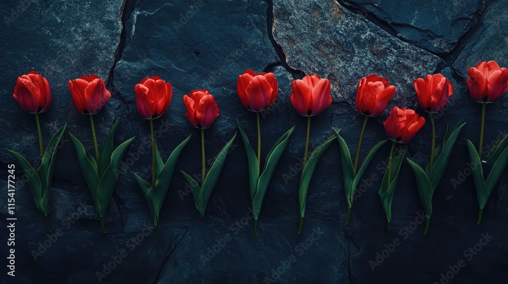 Poster red tulips arranged in a row on a dark stone background creating a striking flat lay composition for