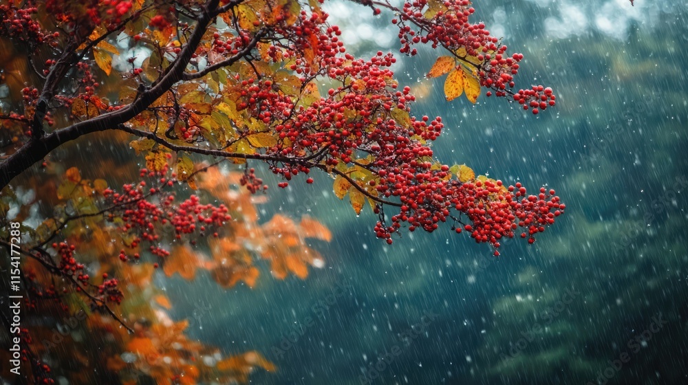 Poster rowan tree with vibrant red berries under rain during autumn with blurred foliage in background crea