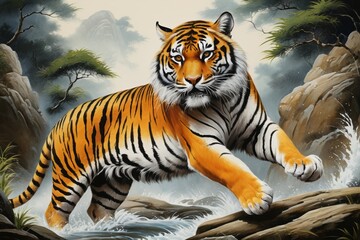painting of a tiger running across a river with a waterfall