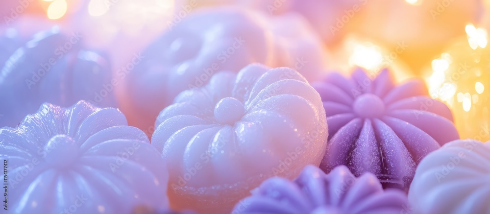 Poster close-up of colorful traditional sweets illuminated by soft light at a fair creating a festive and i