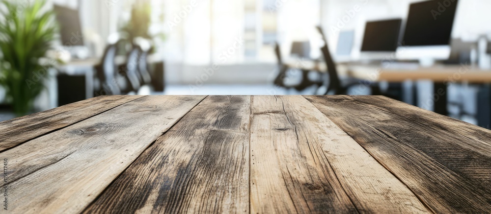 Aufkleber rustic wooden table surface with blurred office backdrop ideal for workspace presentations and creat