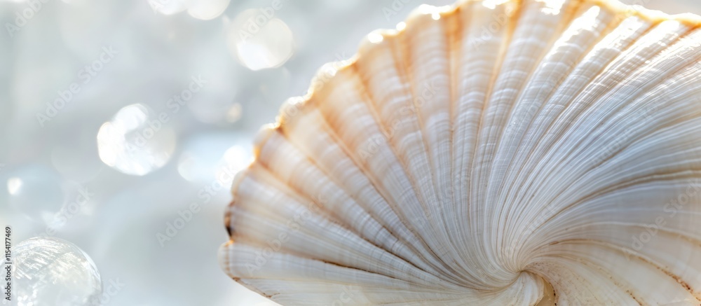 Poster closeup of a delicate sea shell showcasing intricate details with a soft white background for a sere