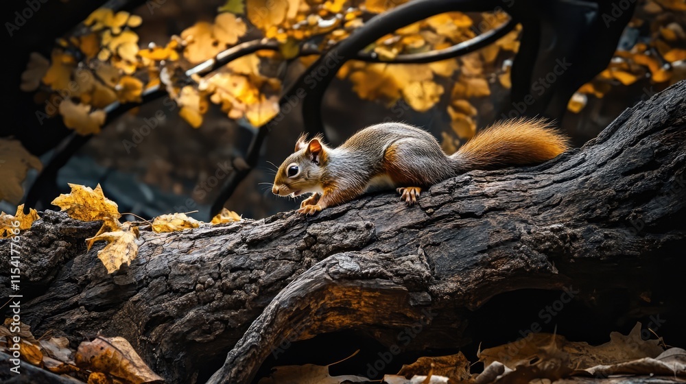 Aufkleber squirrel crawling down textured tree trunk surrounded by autumn leaves in a serene forest setting