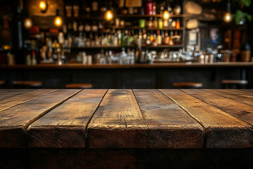 Mesa de cocina de madera con fondo borroso de restaurante © Flux Imagery