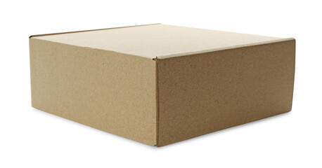 One closed cardboard box isolated on white. Mockup for design