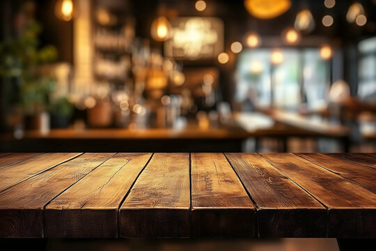 Mesa de cocina de madera con fondo borroso de restaurante