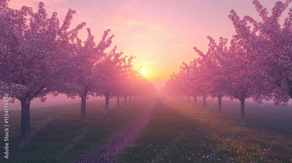 Poster cherry blossom trees in beautiful rows at sunrise with soft light illuminating a tranquil path throu