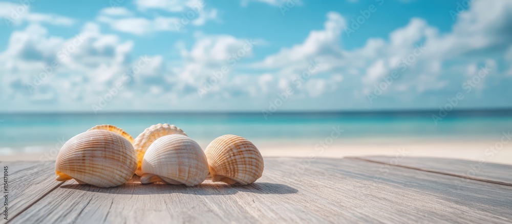 Poster seashells arranged on a wooden surface with a serene ocean and cloudy sky in the background creating