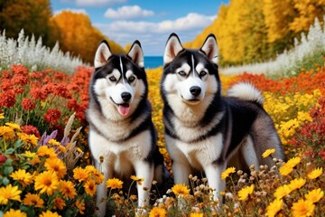 Obraz premium two dogs are sitting in a field of flowers with a blue sky