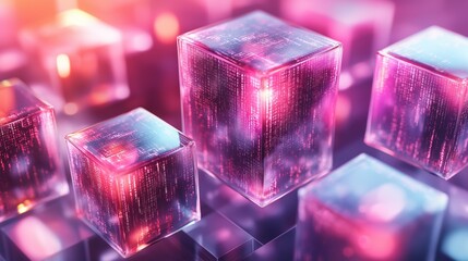 Abstract glowing grid with translucent cubes featuring digital patterns in vibrant pink and purple hues