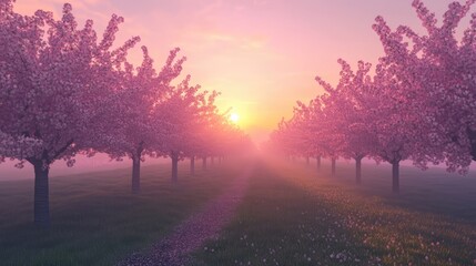 Obraz premium Cherry blossom trees in beautiful rows at sunrise with soft light illuminating a tranquil path through a misty landscape.