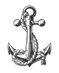Vintage anchor tattoo isolated on white background. Engraving of anchor with ropes. Vector illustration