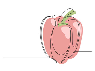 Continuous one line red bell pepper isolated on white background. Simple vegetable silhouette. Hand drawn bell pepper outline. Vector illustration