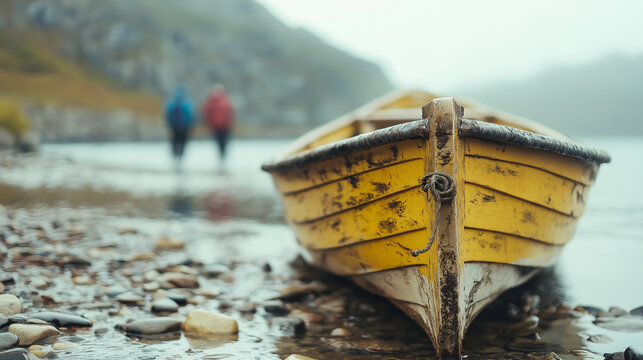 Weathered wooden boat stranded on rocky shoreline, hikers wandering distant coastal landscape under soft-focus scenery