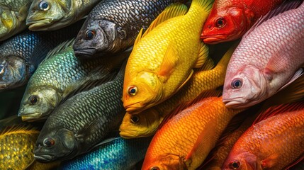 Vibrant assortment of colorful freshwater tilapia fish showcasing diverse shades and hues in a dynamic close-up arrangement