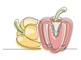 Continuous one line of sliced red and yellow bell peppers isolated on white background. Simple silhouette of vegetables. Hand drawn bell peppers outline. Vector illustration