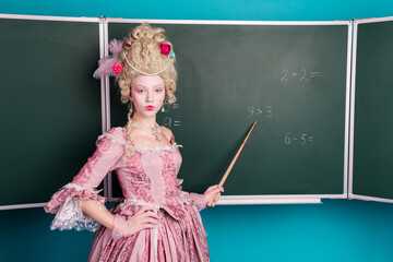 Photo of beautiful lovely lady wear medieval corset gown teach math subject classroom isolated on...
