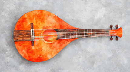 Vibrant watercolor of Persian lute with radiant wooden details isolated design on white background