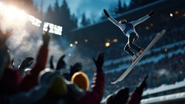 A ski jumping athlete mid-flight, soaring over a cheering crowd with dramatic lighting
