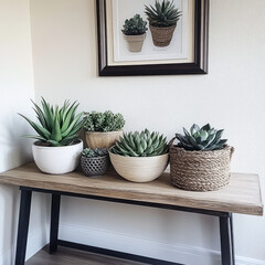 Fototapeta premium Potted plants and succulents arranged on wooden table, creating serene indoor atmosphere. display features various textures and colors, enhancing decor
